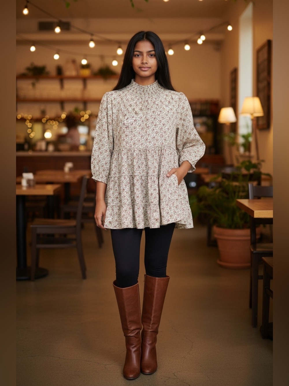 Ces Femme Cream Floral Smocked-Neck Peplum Tunic